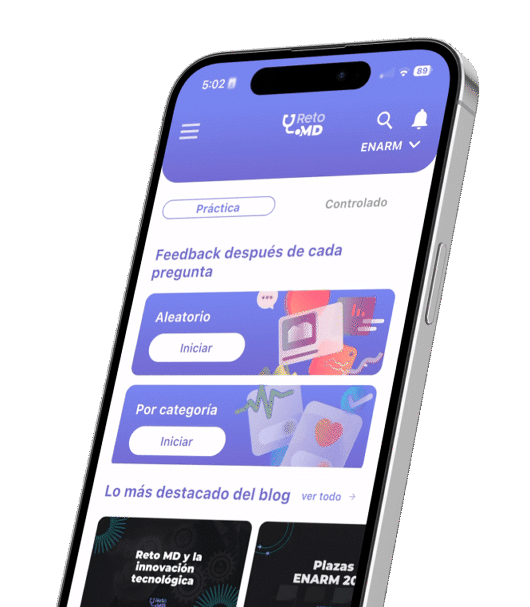 Pantallas de la app de Reto MD con casos clínicos y recursos de estudio